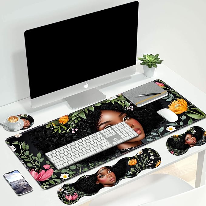 4 in 1 Ergonomic Keyboard Wrist Rest &amp Mouse Pad Wrist Rest Set Large XXL Gaming Desk Mat 31.5x 11.8 with Non-Slip Base Memory Foam for Home Office Study Gaming American Black Girl