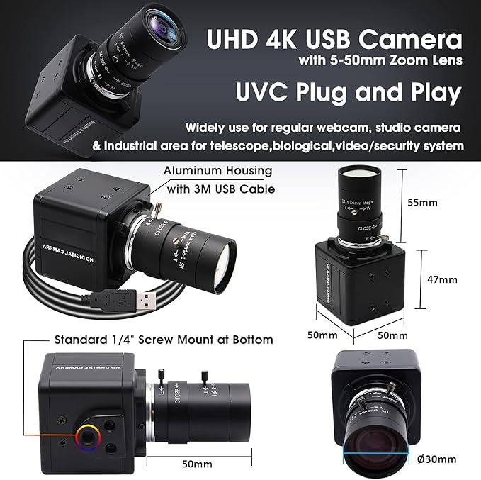 SVPRO 4K USB Camera with Zoom 5-50mm Lens 10X Optical Zoom Manual Focus Webcam High Definition 3840x2160@30fps Adjustable Focal Length Camera with Sony IMX317 Sensor for PC Laptop Pi