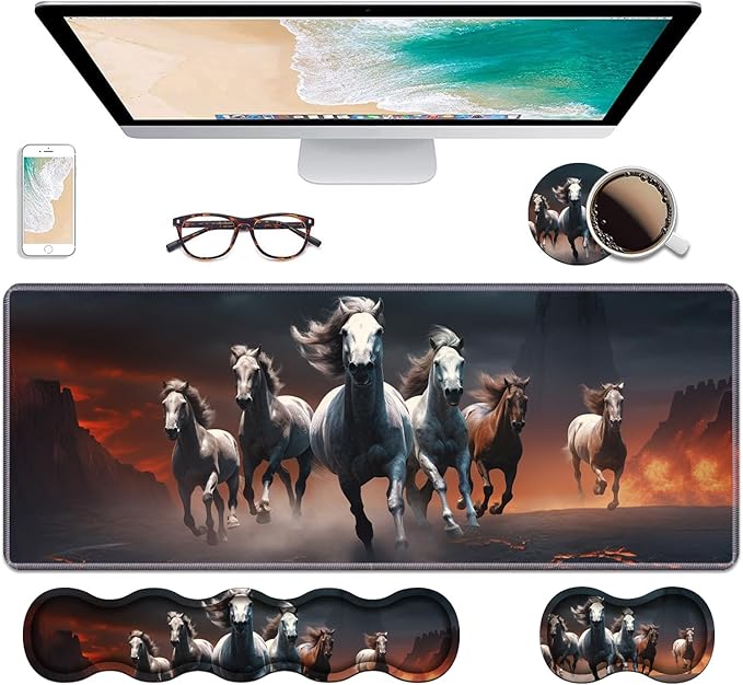 Ergonomic Keyboard Wrist Rest &amp Mouse Pad Wrist Rest Set Large XXL Gaming Desk Mat 31.5x 11.8 with Non-Slip Base Memory Foam Easy Typing Pain Relief for Home &amp Office Running Horses