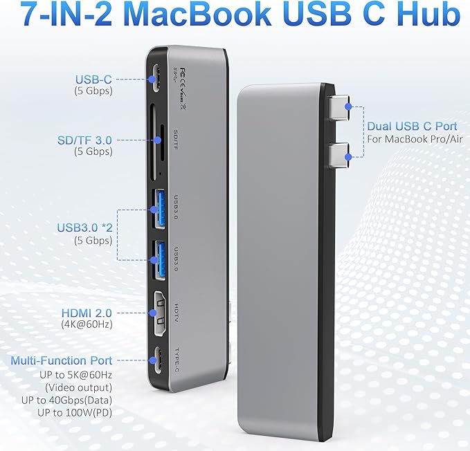 USB C Hub for MacBook 7-in-2 Mac USB Adapter MacBook Accessories with 4K@60Hz HDMI Thunderbolt 4 SD/TF Card Reader Type C and 2 USB A Data Ports for MacBook Pro MacBook Air and More