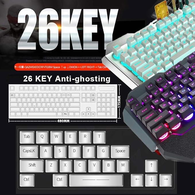 Wireless Keyboard and Mouse Blue LED Backlit Rechargeable Keyboard with 3800mAh Battery Metal Panel Removable Hand Rest Mechanical Feel 7 Color Gaming Mute Mouse for PC Gamers