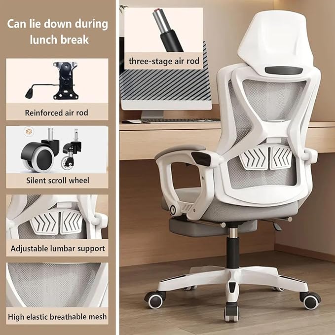 Office Chair with Leg Rest Headrest and Backrest 90-135 AdjustableWheels 360 Swivel Comfortable Chair for HomeBedroomStudyStudentAdultsWhite+Black
