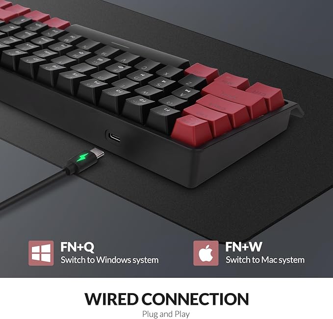 Rii RK806 60% Mechanical Gaming Keyboard61 Keys Compact Wired Keyboard with RGB BacklightClicky Blue SwitchAnti-ghostingfor Windows Laptop PC Mac(Black&ampRed)