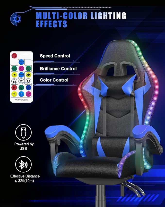 Gaming Chair with RGB LED Lights Ergonomic Computer Chair with Headrest and Lumbar Support PU Leather High Back Height Adjustable Swivel Video Game Chairs for Adults(Blue)