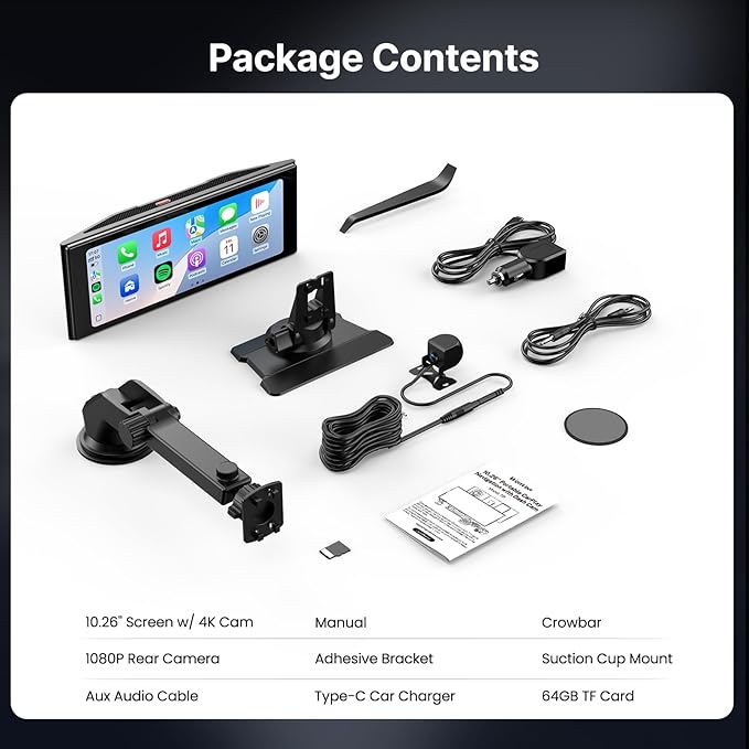 WonVon Wireless Car Play Screen 10.26'' Monitor with Apple Carplay &amp Android Auto 4K Dash Cam 64G 1080P Backup Camera Portable Smart Touch Tablet Stereo Multimedia Dashboard Bluetooth/FM/GPS/