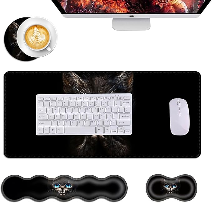 Mouse PadLarge Desk Mat Set 4in1 XL Mousepad + Keyboard Wrist Rest+Mouse Wrist Rest+Coaster with Ergonomic Desk Pad for Home Office Table Computer Cover -Kitten with Bright Blue Eyes