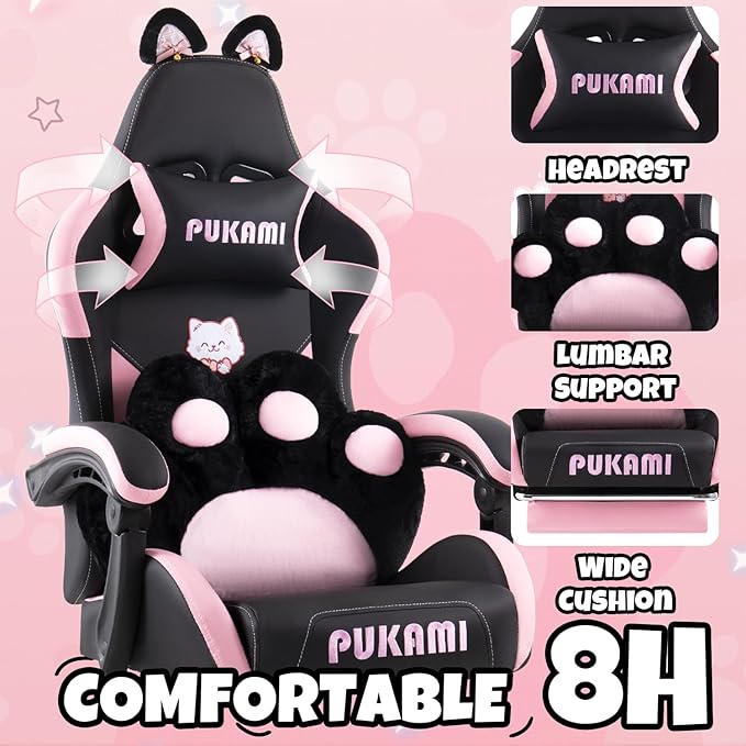 Black Gaming Chair with Cat Ears and Cat Paw Lumbar Cushion Cute Ergonomic Gaming Computer Desk Chair with Footrest and Linked Armrests Comfortable PU Leather Game Chair for Girls and Adults