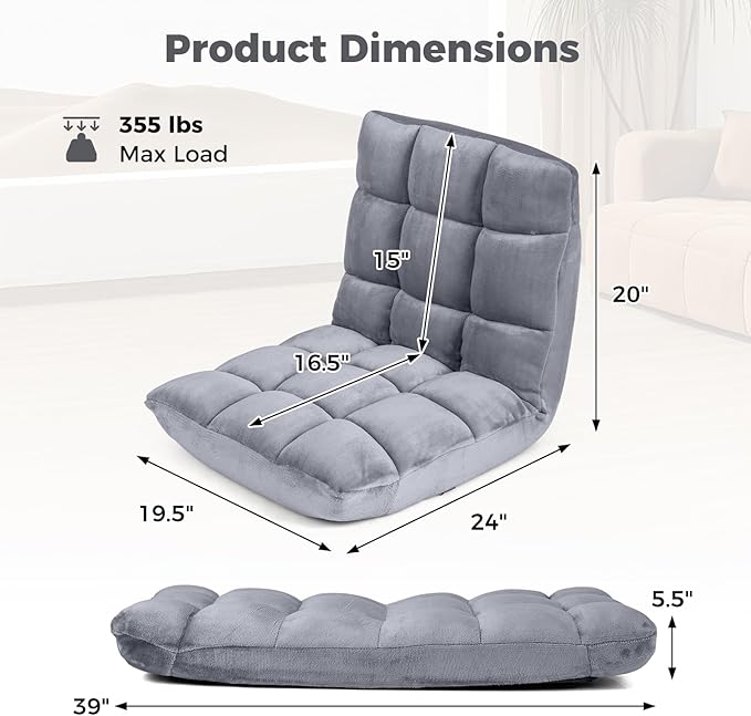 COSTWAY Floor Chair Video Gaming Chairs with Back Support Adjustable 14-Position Alloy Steel Frame Lazy Sofa Lounge Recliner for Adults Kids (Silver Grey)