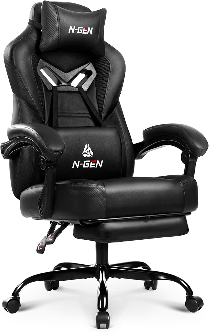 N-GEN GAMING Video Gaming Chair Big and Tall Office Computer Desk Chairs with Ergonomic Lumbar Support High Back Recliner and Footrest for Adults (Black)