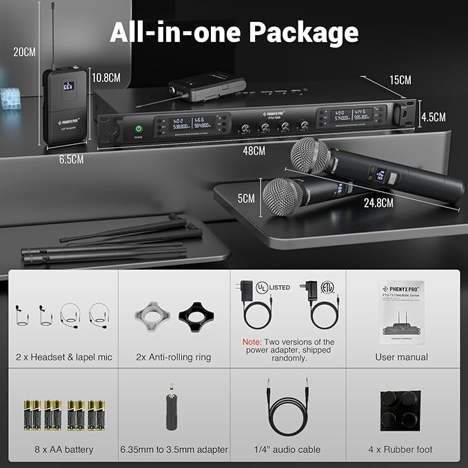 Phenyx Pro 4-Channel Wireless Microphone System w/Auto Scan 4x40 UHF Frequencies 2 Handheld Dynamic Mics 2 Bodypacks &amp Headsets/Lapel Microphones for Singing DJ Church (PTU-7000-2H2B)