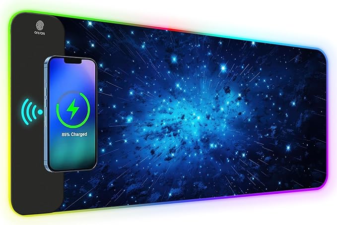 AIMSA RGB Gaming Mouse Pad with Wireless Charging Large Keyboard Mouse Pad with 14 LED Light Modes Non-Slip Rubber Base Waterproof Desk Pad for Home Office Decor Blue Meteor Starry Sky