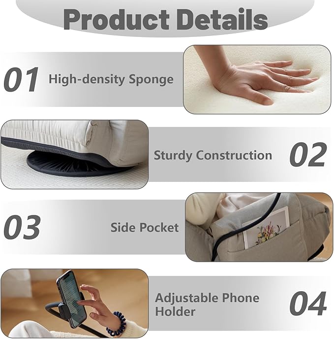 360° Swivel Gaming Floor Chair 5 Position Adjustable Folding Sofa Chair with Armrests &amp Phone Holder Cushion Padded Indoor Chaise Lounge for Adults Home Office Floor Leisure Chairs Grey