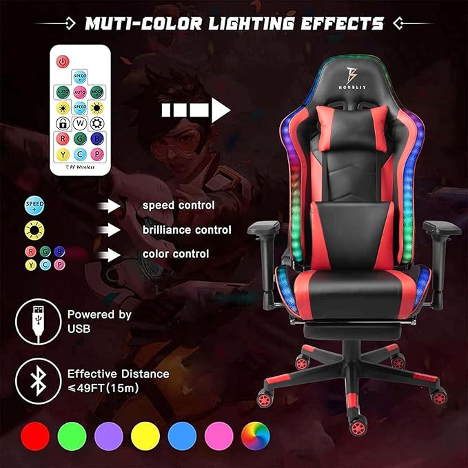TBQATNTS RGB LED Gaming Chair with Seven-Point Massage FunctionComputer Chair with SpeakersErgonomic Chair with Footrest and Lumbar Support90°-180° Tilt Office ChairRed