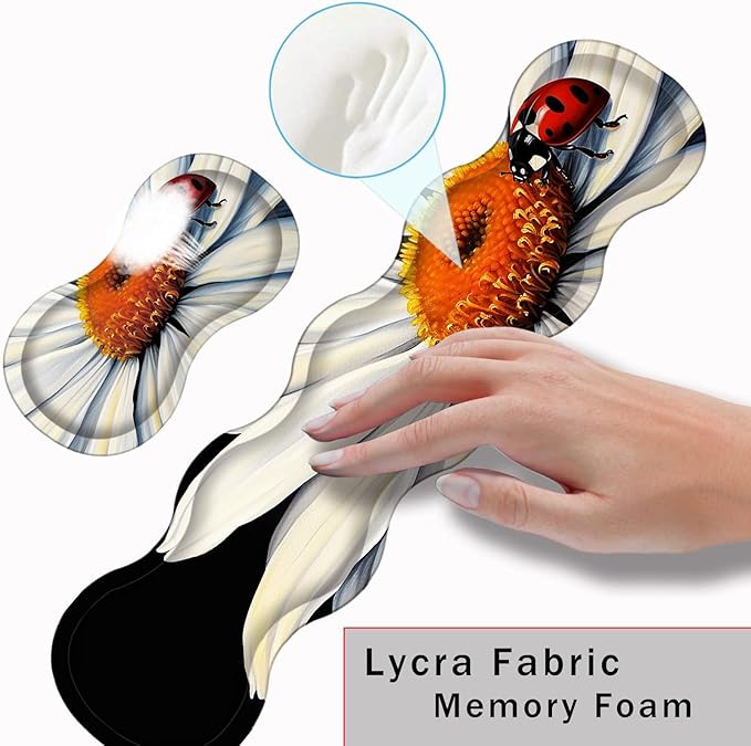 Keyboard Wrist Rest and Mouse Pad with Wrist Support Set Ergonomic CoasterMemory FoamEasy Typing Pain ReliefLarge XL Desk Mat 31.5x 11.8Ladybug on Daisy Flower