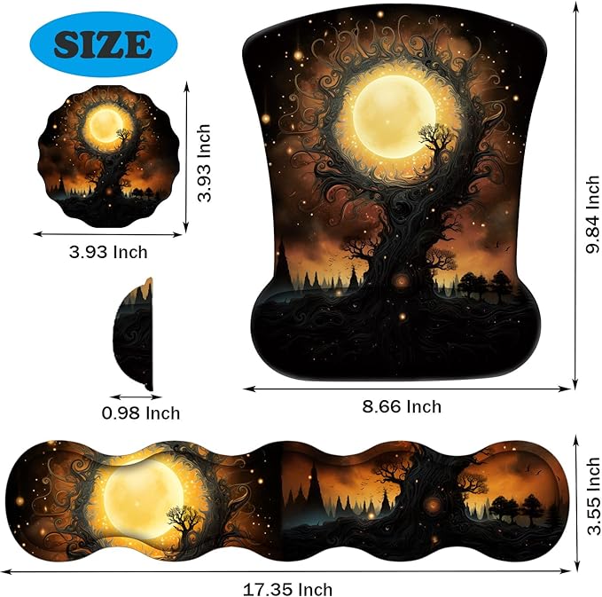 Ergonomic Keyboard Wrist Support Pad and Wrist Support Mouse Pad Anti-Slip with Gel Memory Mouse Pad Set Suitable for Office Use/Home Use - Gothic Moon Sun