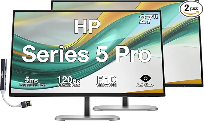 HP Series 5 Pro 27 FHD IPS Monitor with 5ms Response Time Anti Glare Flicker Free Swivel Pivot 350 Nits VESA Mount (100mm) Displayport HDMI &amp Dockztorm USB Port Expander Black Color 2 Pa