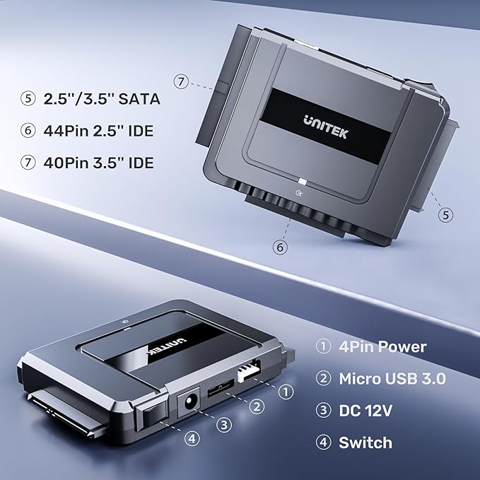Unitek USB C to SATA 6Gbps IDE Adapter External Hard Drive Converter Kit for Universal 2.5/3.5 inch HDD/SSD Hard Drive Disk DVD-ROM/CD-ROM/CD-RW with USB C Connector &amp 12V/2A Power Adapter
