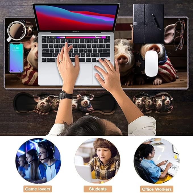 Ergonomic Keyboard Wrist Rest &amp Mouse Pad Wrist Rest Set Large XXL Gaming Desk Mat 31.5x 11.8 with Memory Foam Easy Typing Pain Relief for Office &amp Home Funny Piggy Wrapped in American Fl