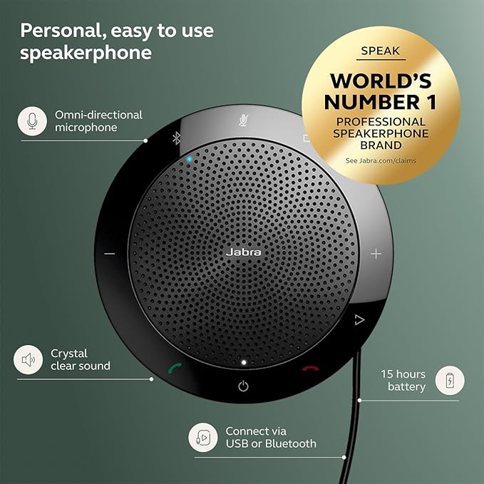 Jabra Speak 510 (2025 Edition) Portable Wireless Bluetooth Speaker with Link 370 USB Adapter for Meetings and Calls with Crystal-Clear Sound Works with Microsoft Teams Black