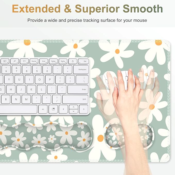 Desk Mat Gaming Mouse Pad Cute Desk Matt Keyboard Wrist Rest for Desktop Anti-Slip Big Mousepad Stitched Edges XXL Large Mouse Pad with Wrist Support for Home Office Computer I Morandi Daisy