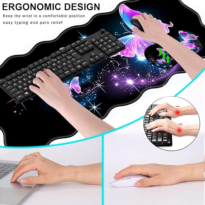 Mouse Pad with Wrist Support + Desk Mat + Coaster 3 in 1 Set XL Large Gaming Mousepad Ergonomic Mouse Pads for Desk Computer Laptop OfficeGlowing Night Pink Butterflies