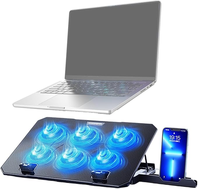 6 Quiet Fan Laptop Cooling Lighting Adjustable Foldable Cooling Pad LED Light Fan with 2 USB Port Phone Holder Travel Accessory