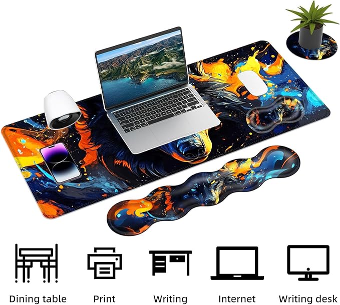 Keyboard Mouse Pad Set Extended Gaming Mouse Pad+Ergonomics Keyboard Wrist Rest Support Memory Foam Easy Typing Pain Relief 4Pcs XL Ultra Thick Desk MatFire and Ice Wolf