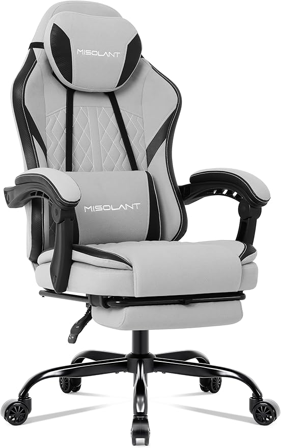 Misolant Gaming Chair Fabric Gamer Chair with footrest for Adults High Back Ergonomic Computer Game Chair with Adjustable Headrest and Massage Lumbar Support 90-155° Recline Free Gray