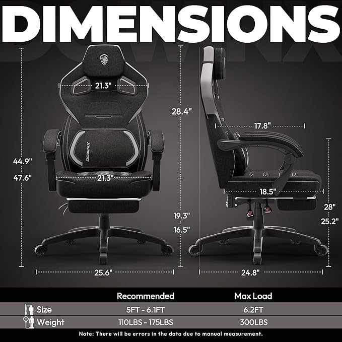 Dowinx Gaming Chair Big and Tall Fabric Ergonomic Gaming Chairs with FootrestWide Back Gamer Chair for Heavy People Black