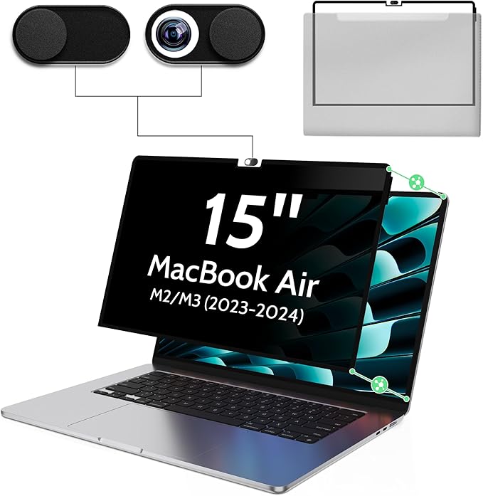 Privacy Screen for MacBook Air 15 Inch M2/M3/M4(2023-2025)--A3241 A2941 A3114 Anti Blue Light Glare Filter Removable Computer Protector Bubble-Free Monitor Shield Laptop Film With Camera Cover