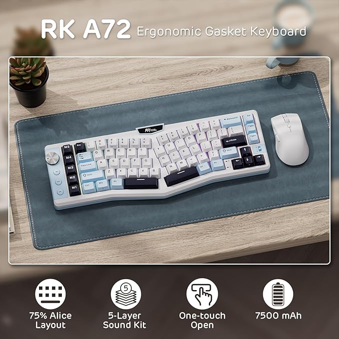 RK ROYAL KLUDGE A72 Alice Ergonomic Wireless Mechanical Keyboard w/Knob/Macro Keys/Touchable Nameplate Tri-Mode 68% 72-Key Gasket Keyboard BT/2.4G/USB-C Hot Swap Win/Mac Software 7500mAh Battery