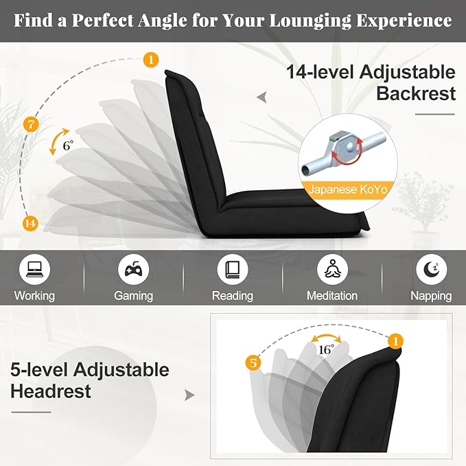 COSTWAY Folding Floor Chair Convertible Lazy Sofa with 14-Poistion Adjustable Backrest 5-Position Adjustable Headrest Cushioned Floor Gaming Chair for Adults Reading Meditating (Black)