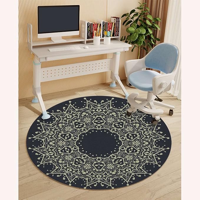 Blue Indigo PU Leather Gaming Chair Mat Chair Mat for Hardwood Floor Mandala Exotic Floral Ornament Round Round Floor Mats for Office Chair Computer Desk Anti Slip Modern Tribal Diameter 47.2 in