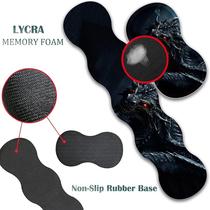 4 in 1 Mouse Pad Combo Large Gaming Mouse Pad + Keyboard Wrist Support + Mouse Wrist Rest + Coaster Table Pad 31.5 x 11.8 with Memory Foam Ergonomic Wrist Pad Set Cool Dark Dragon