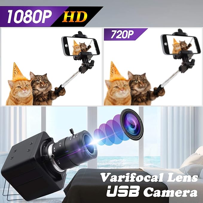 2MP H.264 Webcam 2.8-12mm Varifocal Lens USB Camera HD 1080P 0.01Lux Low Light Streaming Camera CMOS IMX322/IMX323 Sensor Industrial Webcam Plug and Play Free Driver