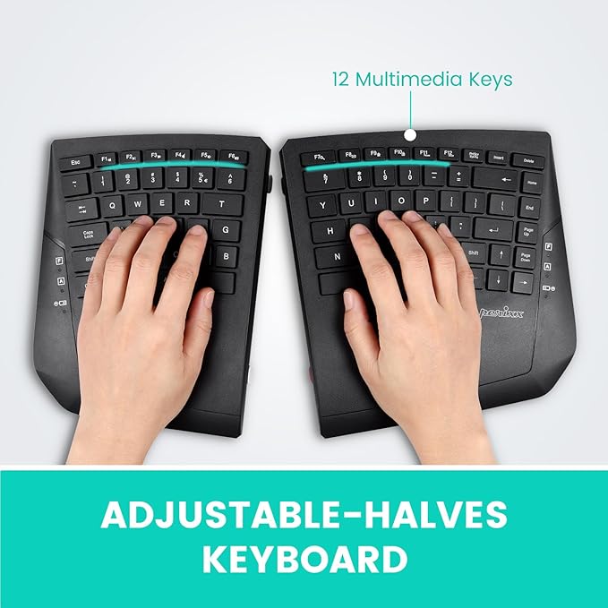 Perixx PERIBOARD-624B US Wireless Ergonomic Split Keyboard - Up 30 Ft Separation - Adjustable Tilt Angle - Low Profile Membrane Keys - Black - US English