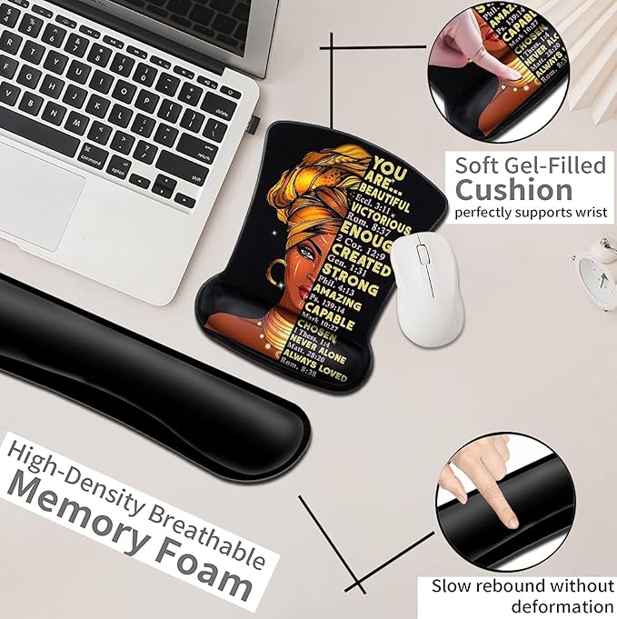 Black Mouse Pad with Stitched Edge Non-Slip Rubber Base African American Wall Art Black Woman Queen PatternOffice Accessories Desk Decor for Computers Mouse Pad and Keyboard Wrist Guard Set