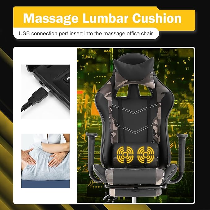 Massage Gaming Chair - Ergonomic PC Racing Office Chair with Lumbar Support Headrest Armrest Footrest - Black Heavy Duty PU Leather Recliner for Adults Gamer (Camo)