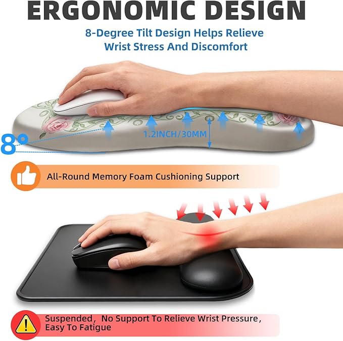 Ergonomic Mouse Pad Wrist Rest Carpal Tunnel Pain Relief Wrist Support Mousepad with Massage Bulge Memory Foam (Flower Carpet 11.8x7.9 in)