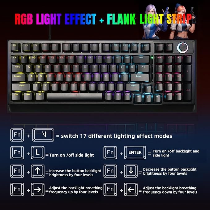 Mechanical Gaming Keyboard with Red Switches:98 Keys with Backlit Black Fine-tune audio or brightness using the dual-function knob17 Lighting ModesAnti-Ghosting Wired USB for PC Mac Gaming