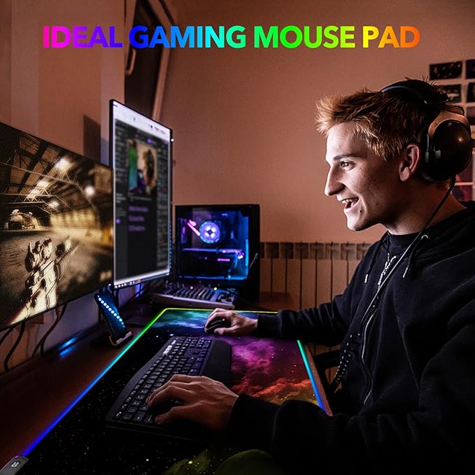AIMSA Large RGB Gaming Mouse Pad Keyboard Mousepad Led Extended 35.4 x 15.8 inch Non-Slip Rubber Base with 14 Lighting Modes Big Desk Mat Waterproof Nebula Universe