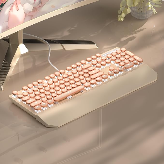 MageGee Typewriter Mechanical Gaming Keyboard Retro Punk Creamy Round Keycaps 104 Keys LED White Backlit Wired Keyboards for Laptop MAC PC Gamer with Magnetic Wrist Rest Blue Switch