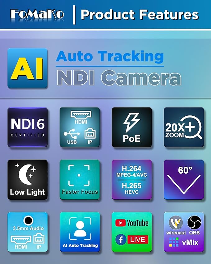 FoMaKo NDI PTZ Camera AI Auto-Tracking Gen 3 20x Optical Zoom HDMI PTZ Camera for Church Worship Education Events (NDI 6 &amp NDI HX3 Certified)(KN20A Pro Black)