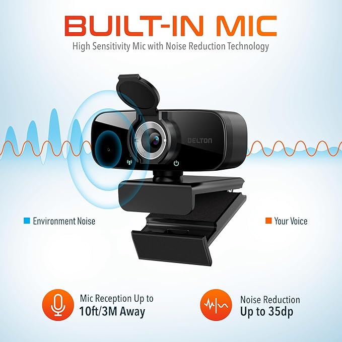Delton C24 USB Webcam with Microphone HD 1080p Wired Webcam 2 Megapixels Wide Field of View Auto Focus Noise Canceling Mic USB Computer Camera Compatible with Computer/Laptop/iMac - Black