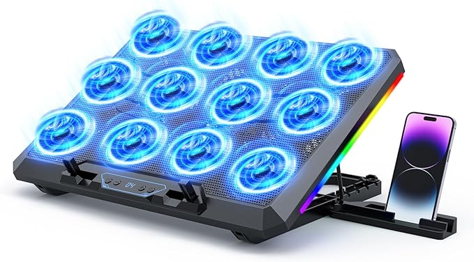 Laptop Cooling Pad with 12 Quiet Fans Slim Portable for 12-17.3 Inch Laptop Cooler Stand RGB Lighting with 5 Height Adjustable Gaming Cooling Fan Pad USB/Type-C &amp Phone Holder (LCD)