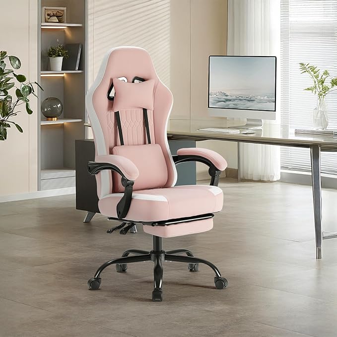 Sweetcrispy Video Gaming Chair - Ergonomic Desk Chair with Footrest and Lumbar Support Height Adjustable High Back Task Chair with Linkage Armrests and Headrest 360° Wheels Pink