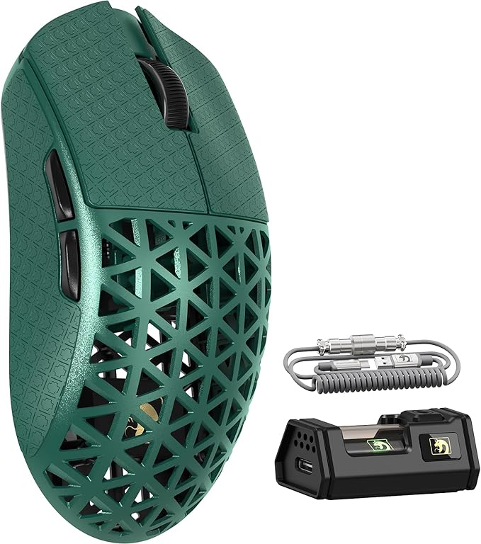 MAMBASNAKE M5 Ultra Carbon Fiber 8000Hz Wireless Gaming Mouse 39g Superlight 42000DPI PAW3950MAX Sensor Nordic 52840 MCU Chip Bluetooth/2.4G/USB-C Wired Mice with Coiled Cable for PC/Mac (Green)