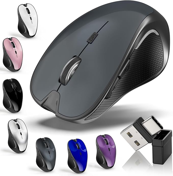 Mouse for MacBook Bluetooth Wireless Mouse Laptop MacBook Air Mac Pro Silent Rechargeable PC iPad Optical Mouse with Jiggler Dual Mode Switch Bluetooth 5.2/3.0 and 2.4GHz USB Type-C Receiver GRAY