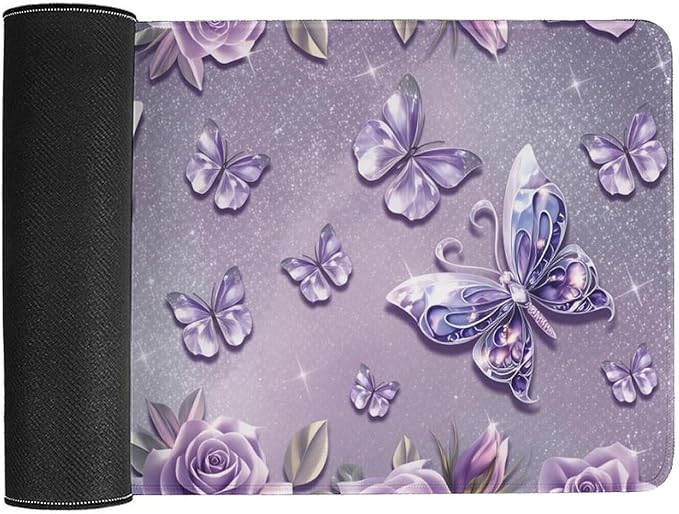 Purple Butterflies Roses Mouse Pad Large Desk Mat Extended Keyboard Mouse Pad with Non-Slip Base and Stitched Edge Mouse Mat Desk Pad 30x16 Mouse Pads for Desk Home Office Gaming