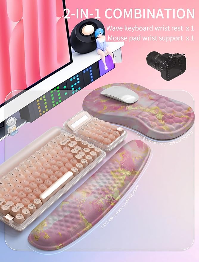 Hokafenle 2in1 Combination Wave Keyboard Wrist Rest and Ergonomic Curvature Mouse Pad Wrist Support for Relieve Wrist Pain Filled with Soft Cushion Memory Foam Golden Pink Marble